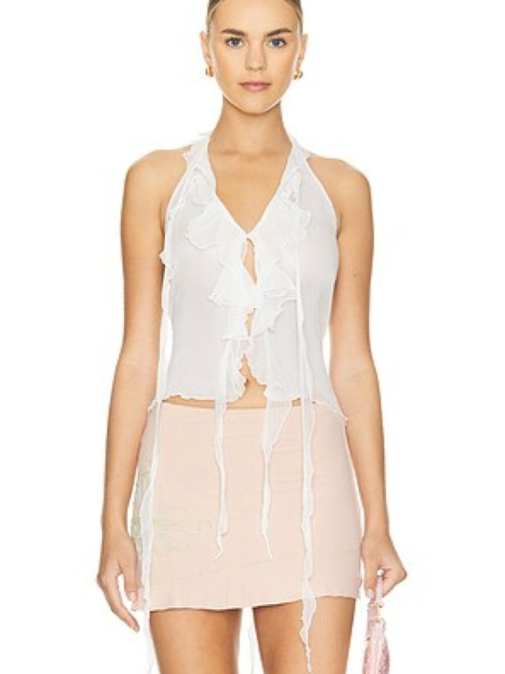 INDAH Halle Silk Chiffon Halter Top Ivory XS